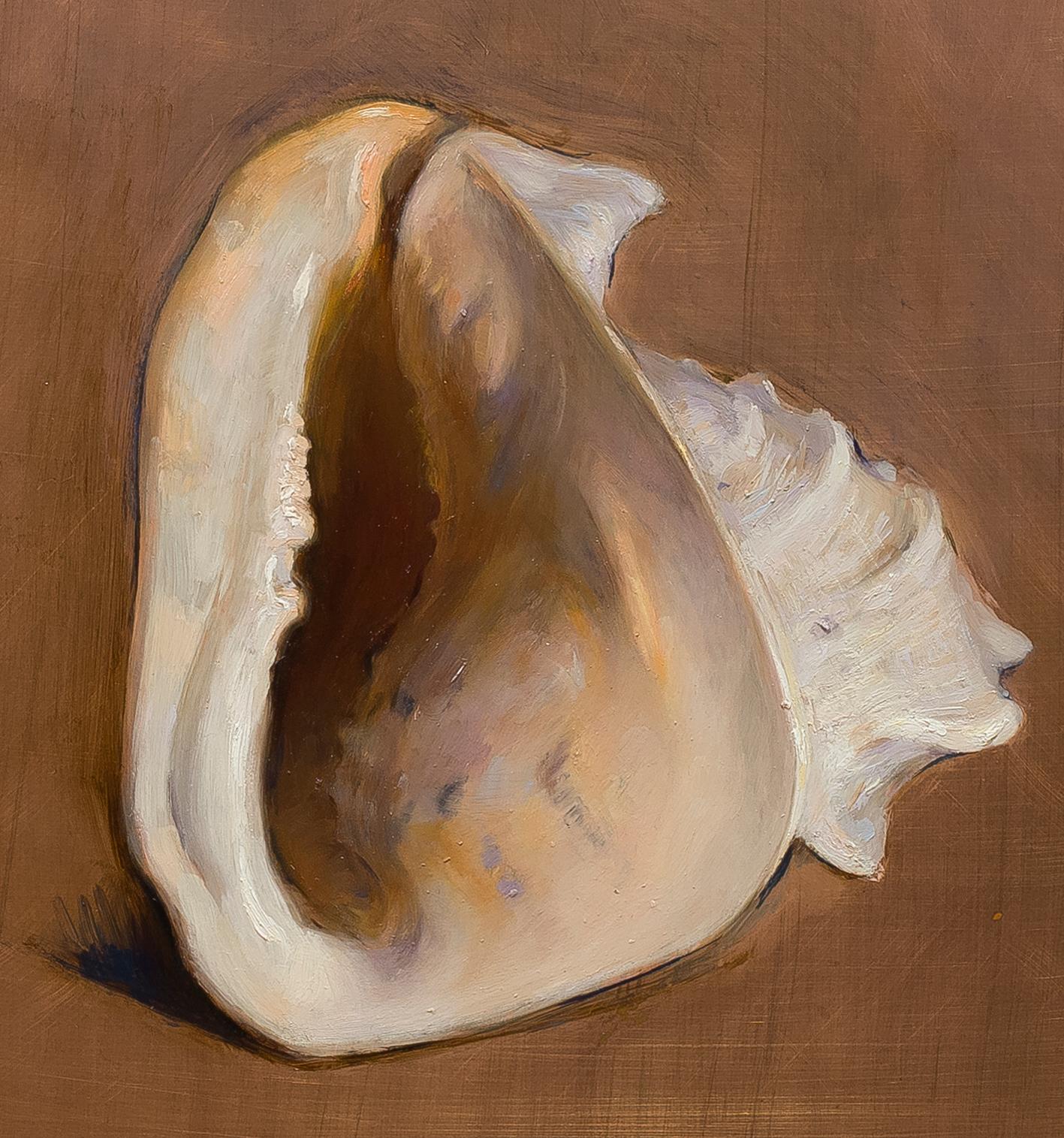 Listen, Shell, peinture à l'huile sur cuivre,  Style de réalisme, Florence, Sound of Sea - Painting de Melissa F. Sanchez