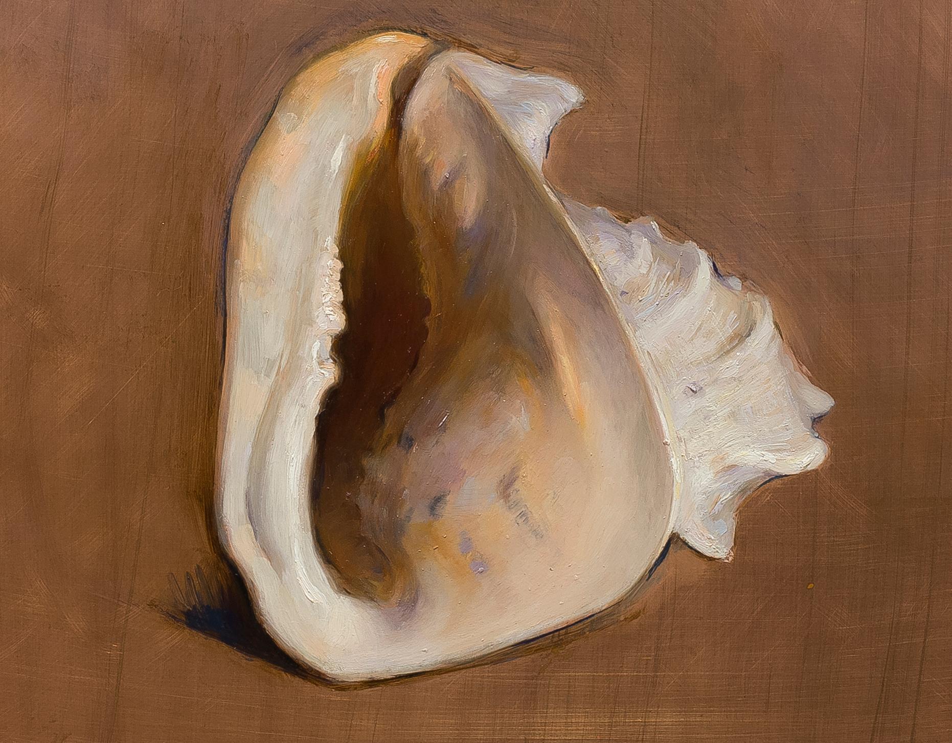 Still-Life Painting Melissa F. Sanchez - Listen, Shell, peinture à l'huile sur cuivre,  Style de réalisme, Florence, Sound of Sea