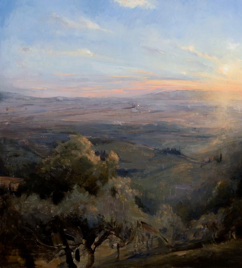 Sunset , Oil on Copper Italy Florence Landscape Light and Shadow - Painting di Melissa F. Sanchez