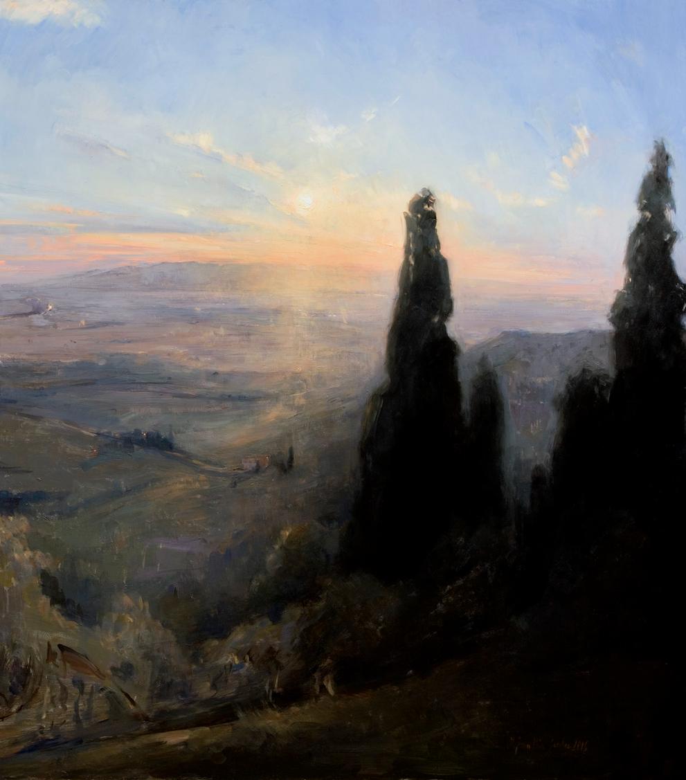 Sunset , Oil on Copper Italy Florence Landscape Light and Shadow - Painting Realismo di Melissa F. Sanchez