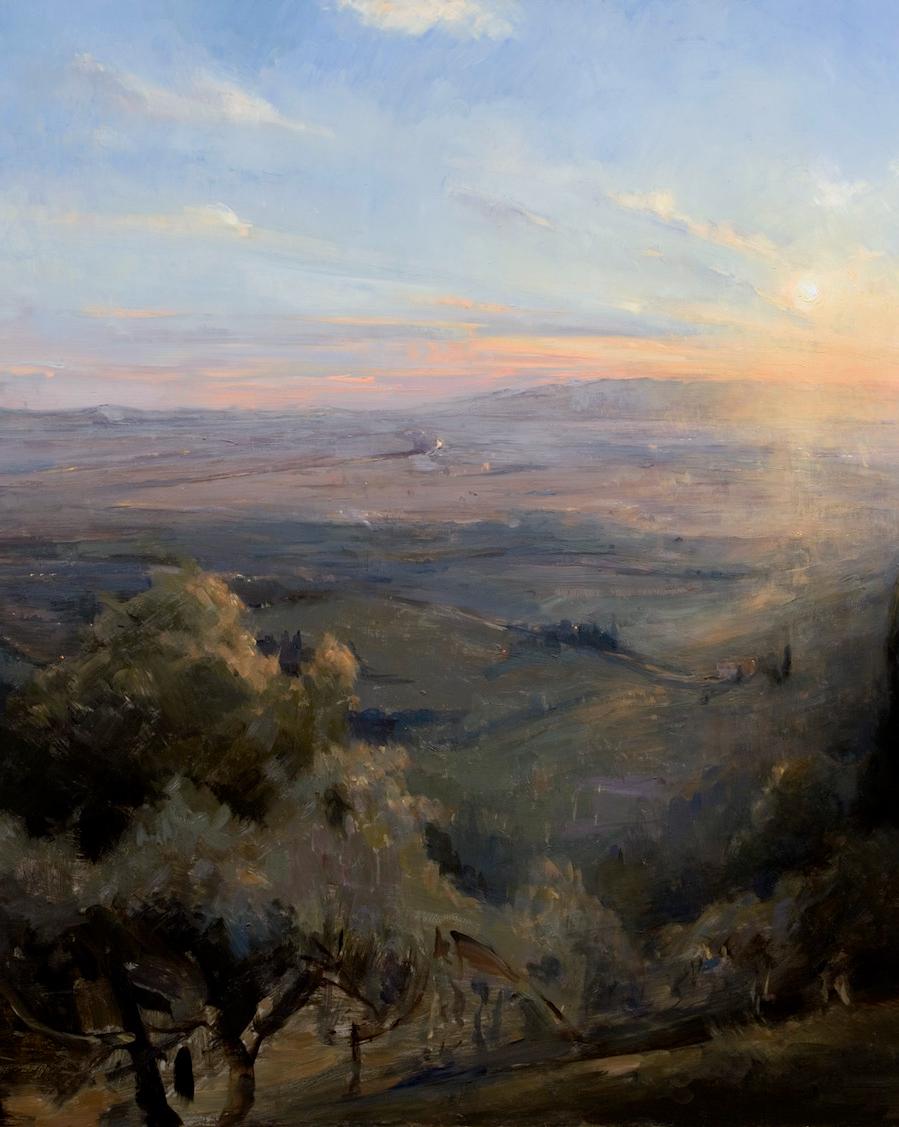 Sunset , Oil on Copper Italy Florence Landscape Light and Shadow - Landscape Painting Nero di Melissa F. Sanchez