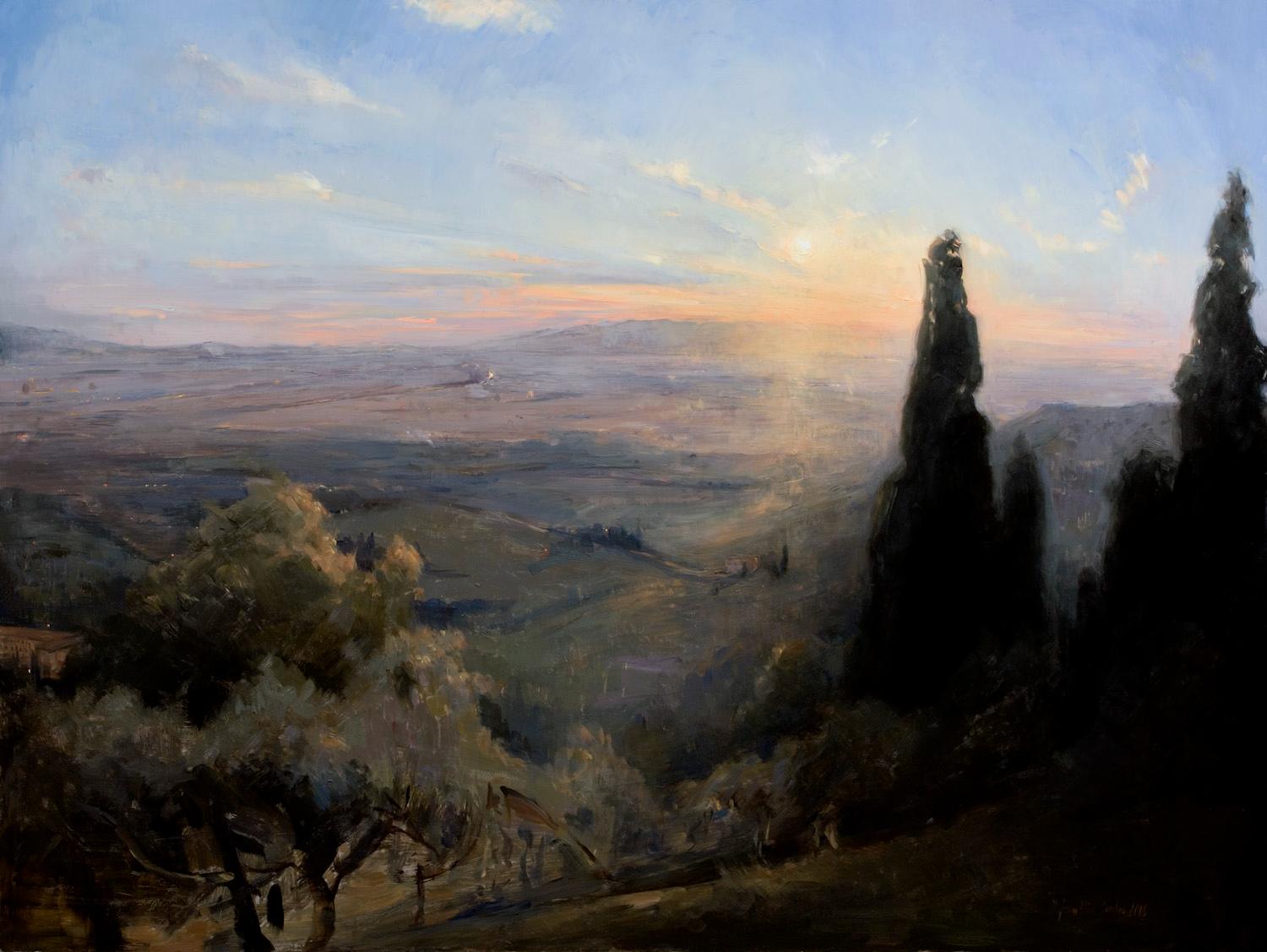 Landscape Painting di Melissa F. Sanchez - Sunset , Oil on Copper Italy Florence Landscape Light and Shadow
