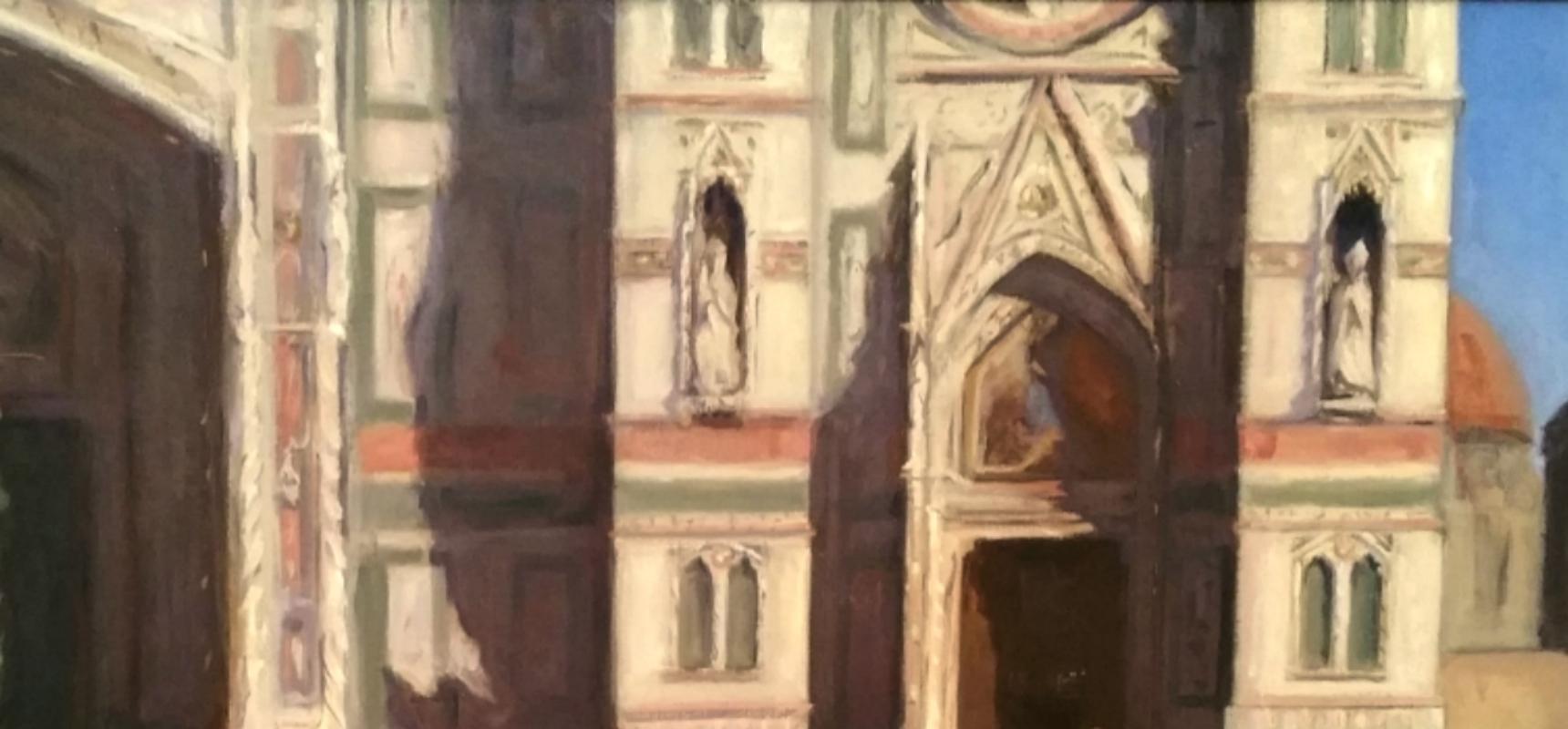 Melissa F. Sanchez hat eine Reihe von Gemälden geschaffen, die von ihrem neuen Zuhause in Fiesole in der Nähe von Florenz inspiriert sind. Der Dom im Zentrum von Florenz ist auf diesem realistischen Gemälde zu sehen. Beachten Sie die Verwendung von