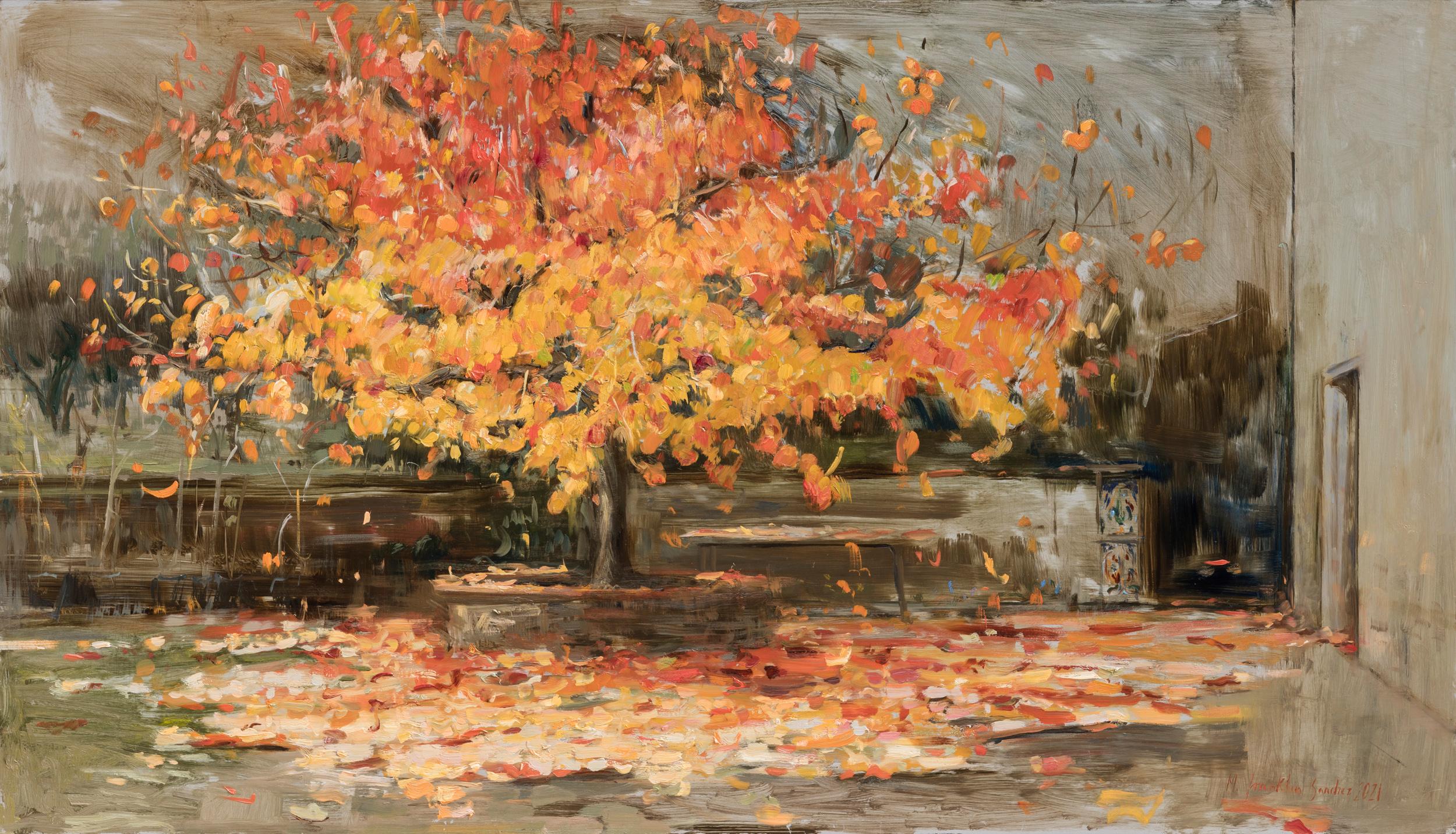 "Un tappeto magico" pittura ad olio, albero arancione fiammeggiante in autunno, foglie cadute