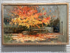 “A Magic Carpet” oil painting, autumn tree leaves falling, warm tones, realist