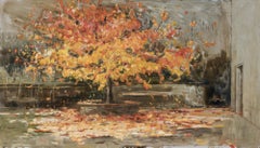"Un tappeto magico", pittura a olio, foglie d'autunno che cadono, toni caldi, realista
