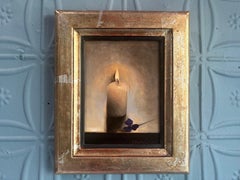 “A Quiet Prayer” impressionist still life of burning candle and purple flower