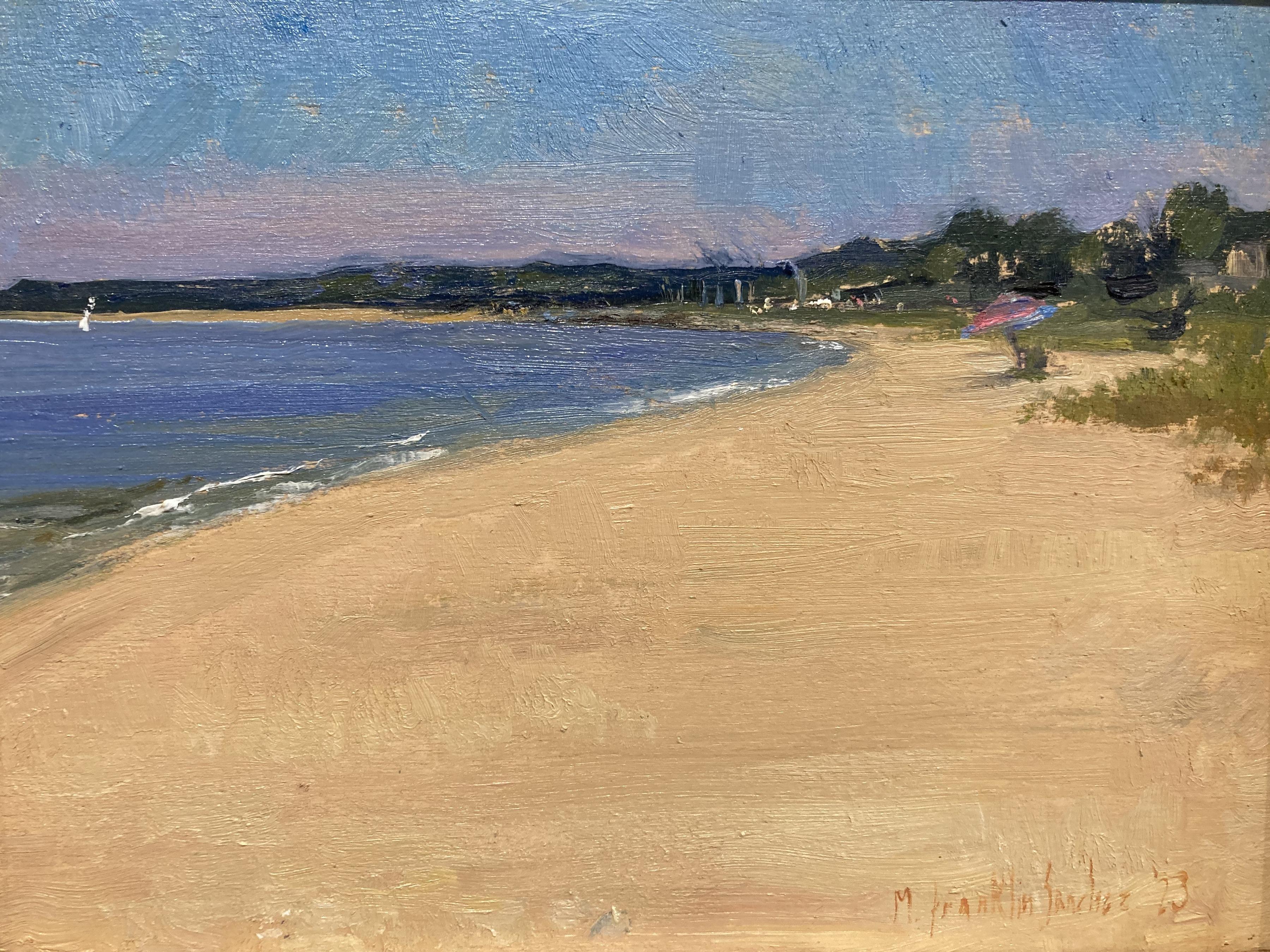 Landscape Painting di Melissa Franklin Sanchez - "Un pomeriggio a Long Beach" Quadro ad olio realista, spiaggia con arenile incorniciato