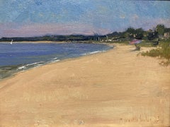 "An Afternoon at Long Beach" Peinture à l'huile réaliste, plage avec rivage sablonneux encadrée.