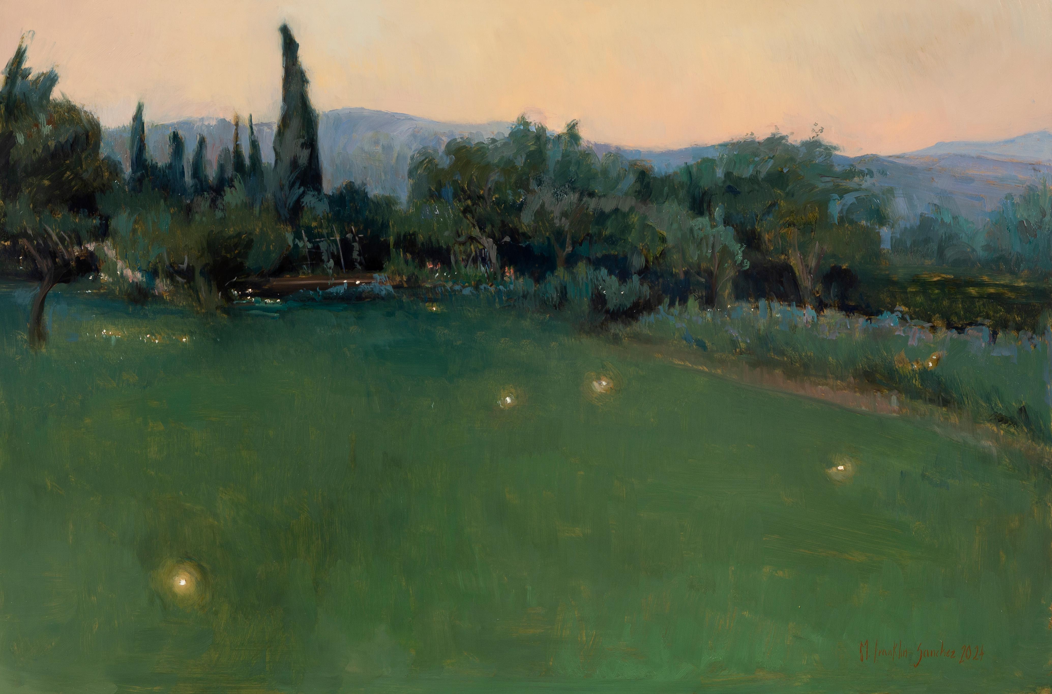 Melissa Franklin Sanchez Figurative Painting - "At Dusk" 2024 oil painting on brass, fireflies in Tuscan garden, sunset horizon