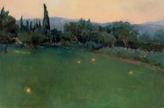 "Al crepuscolo" 2024 pittura a olio su ottone, lucciole nel giardino toscano, orizzonte al tramonto