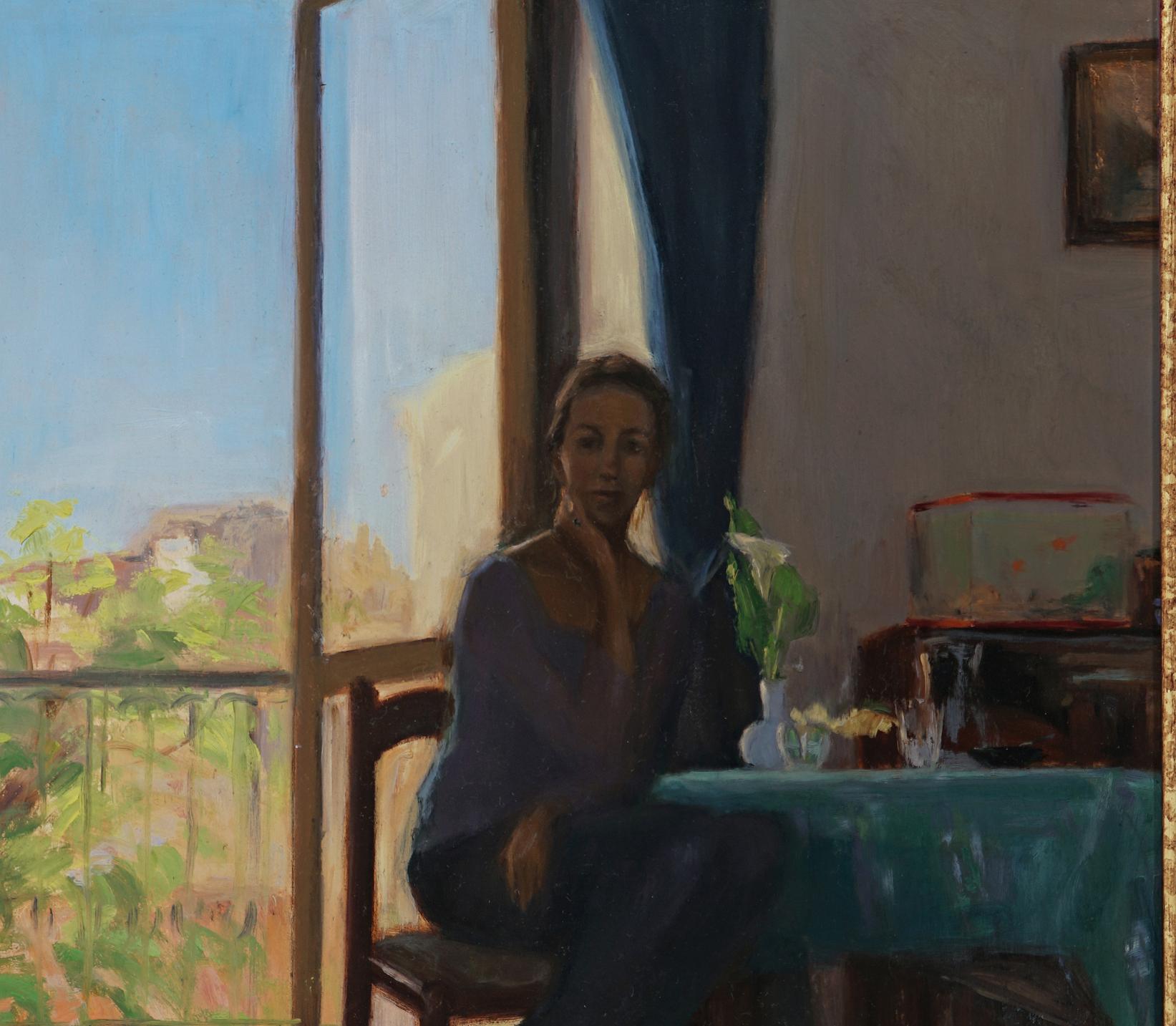  En casa by Melissa Franklin Sanchez es un cuadro Óleo sobre lienzo.   Mirando de cerca a En casa  de Mellissa F. Sánchez te darás cuenta del fondo con objetos.  Es Melissa Franklin Sanchez quien se ha pintado en  En casa. El brillo del sol también