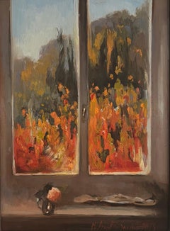 "Días de Otoño" óleo impresionista, bodegón vista ventana, firmado, enmarcado