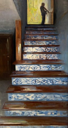 "Azulejos" dipinto a olio su rame, scala realista con piastrelle in ceramica, violinista