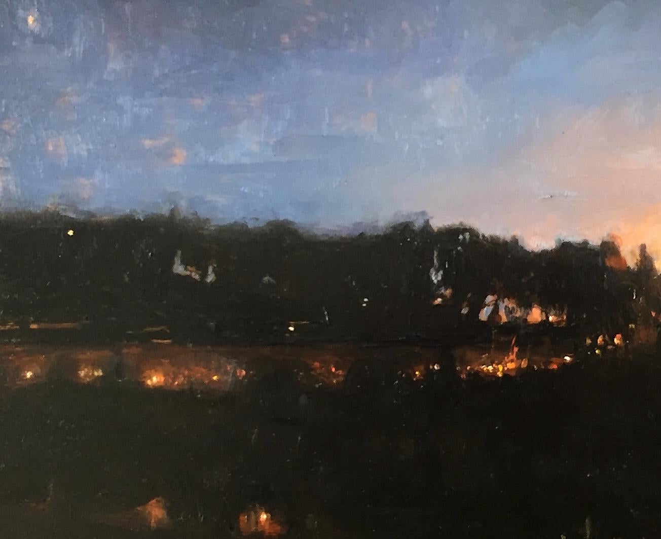 Bright Lights depicts the hills of Fiesole, in Tuscany, Italy. At sundown, the glow of the hidden sun remains and shines bright orange above the horizon. Speckles of light along the dark backlit hillside portray marks of life, electricity, within