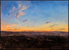 "Étoile de Noël" peinture contemporaine à l'huile sur cuivre, paysage toscan de nuit.