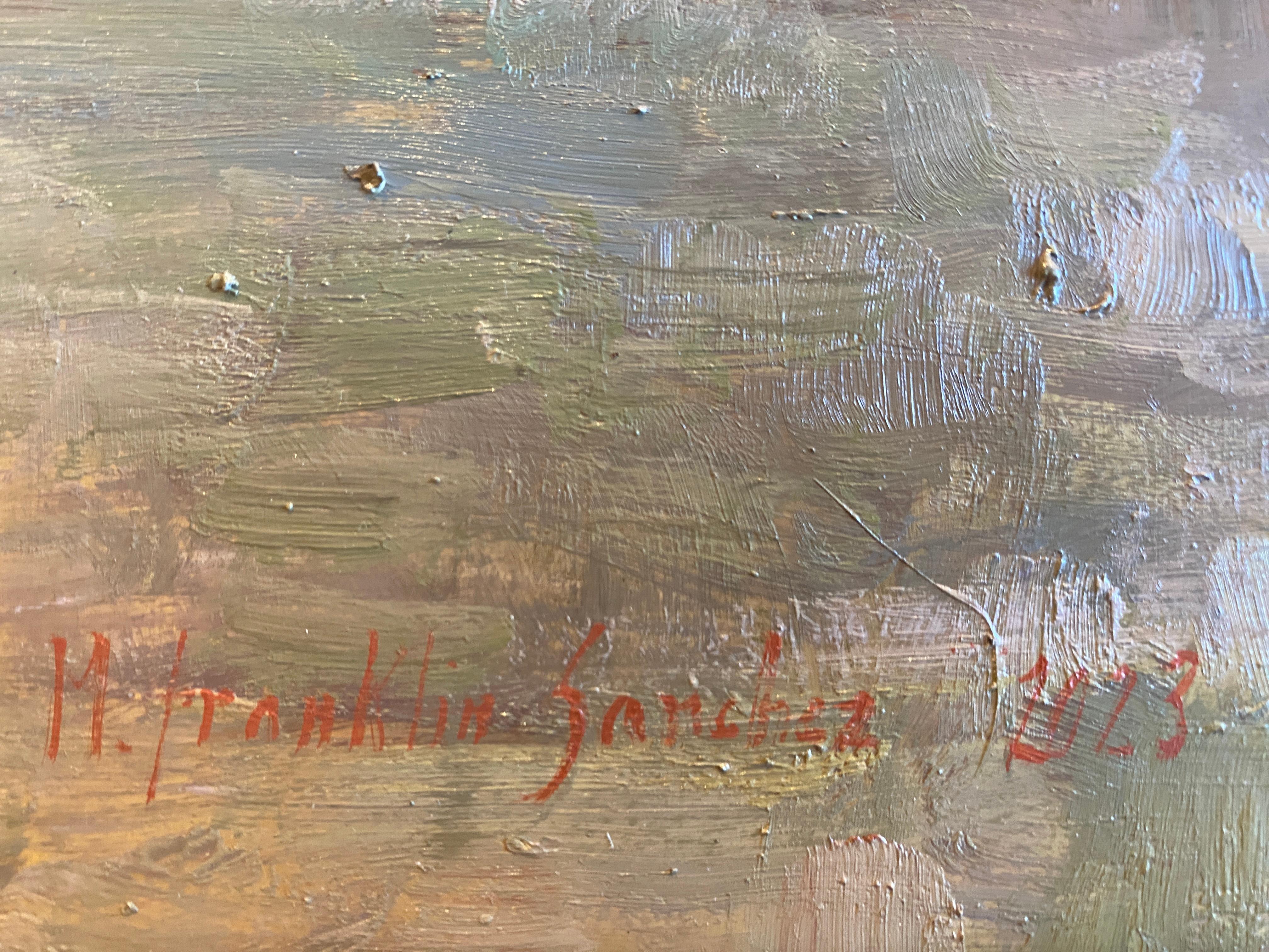 Eine leuchtende Nahaufnahme von blühenden Narzissen im Haus des Künstlers in Fiesole, Italien. Die Szene ist mit Ölfarbe auf eine Messingplatte gemalt, wodurch die Oberfläche einen warmen Unterton und eine halb reflektierende Qualität erhält. In dem