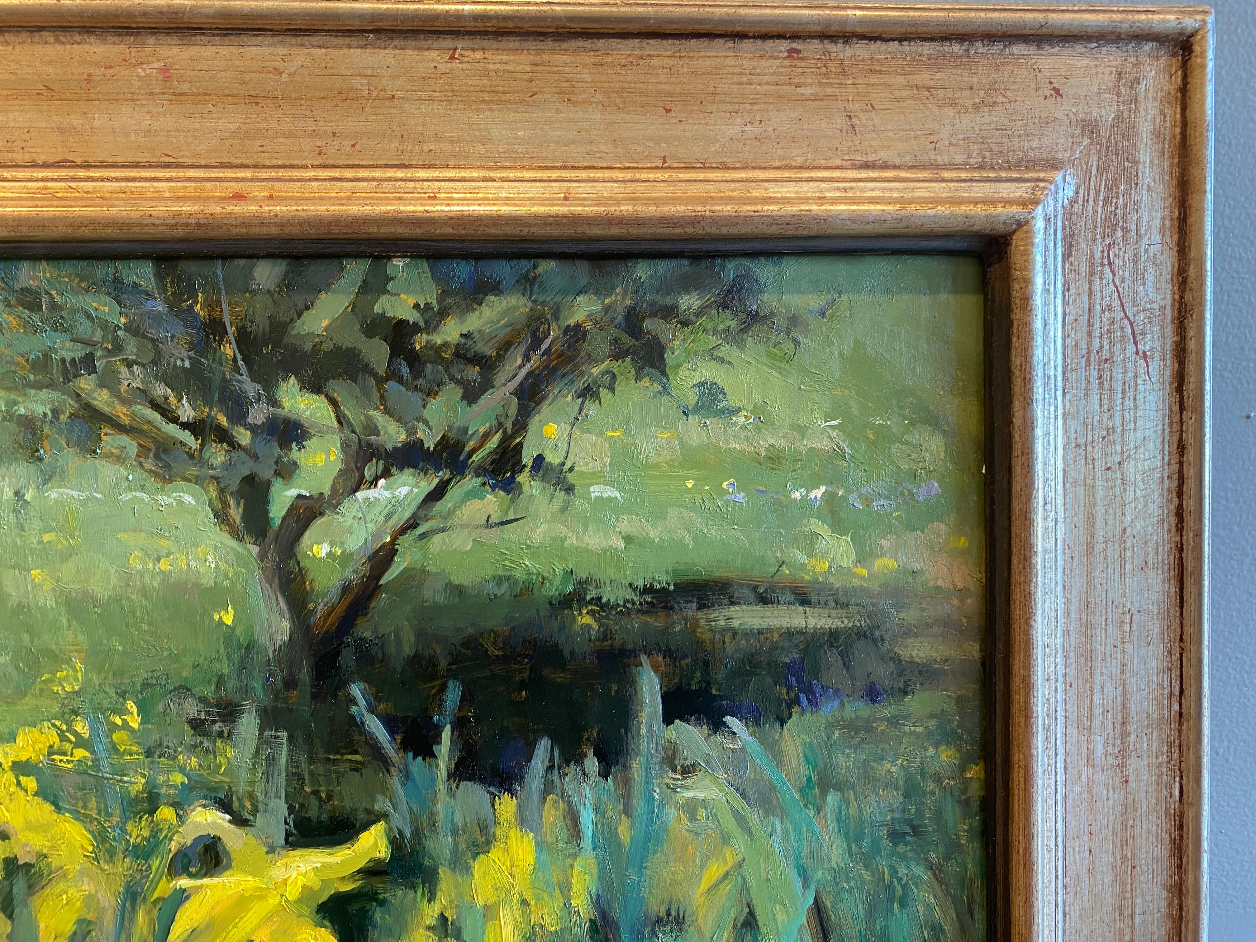 A luminous close-up of blooming daffodils at the artist's home in Fiesole, Italy. The scene is painted with oil paint, on a brass panel, which results in a warm undertone, and semi-reflective quality to the surface. Within the bed of flowers, the