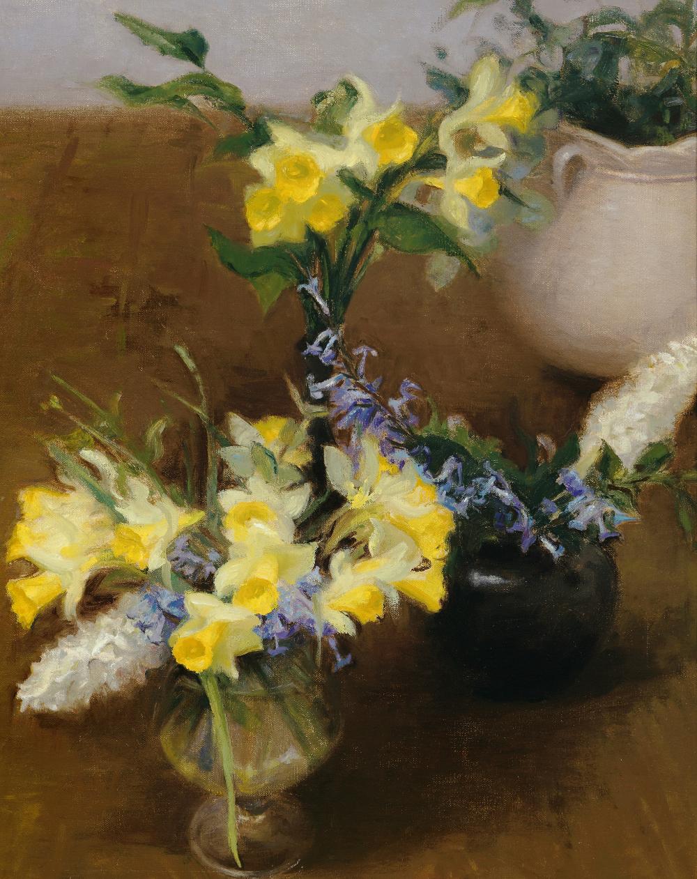 Daffodils   Oil on Canvas Floral   Italy Still-life nature - Brown Interior Painting by Melissa Franklin Sanchez