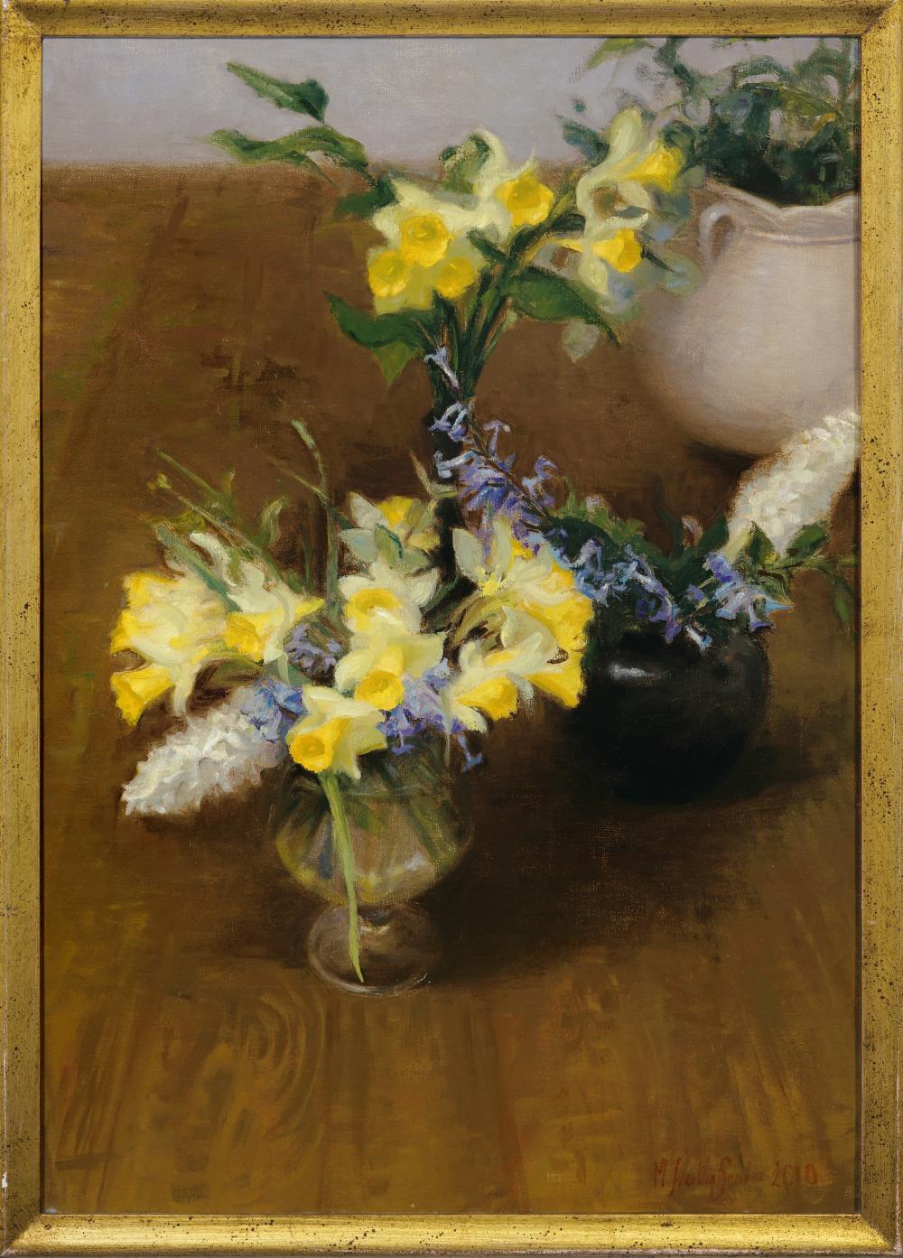 Daffodils by Melissa Franklin Sanchez is an Oil on Canvas Painting.   Looking closely at Daffodils  by Mellissa F. Sanchez you will notice the background with objects.  There is  pottery on a table with another floral arrangement. It is Melissa
