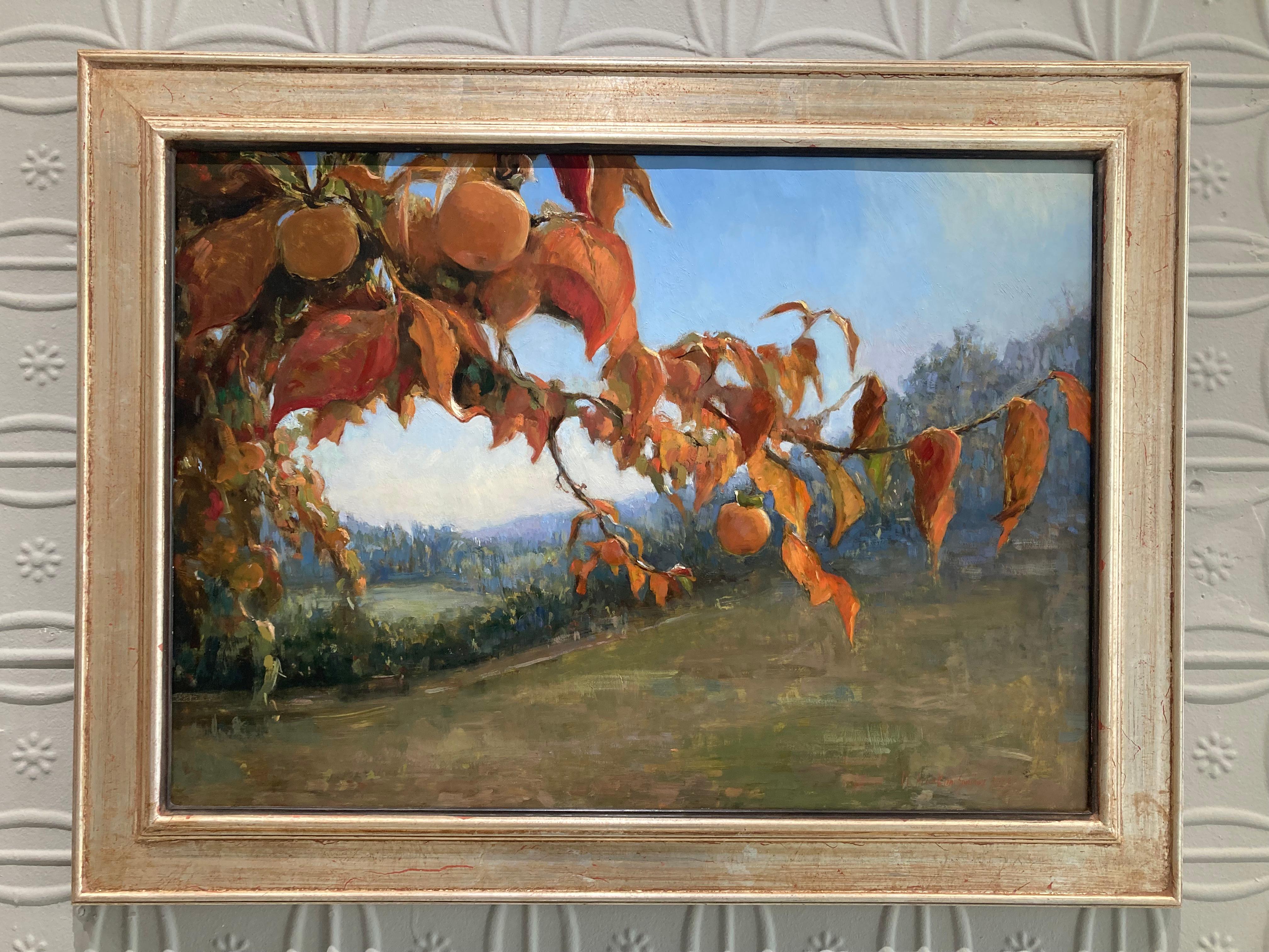 Diospero - realist oil painting of persimmon tree in full bloom, Tuscany - Painting by Melissa Franklin Sanchez