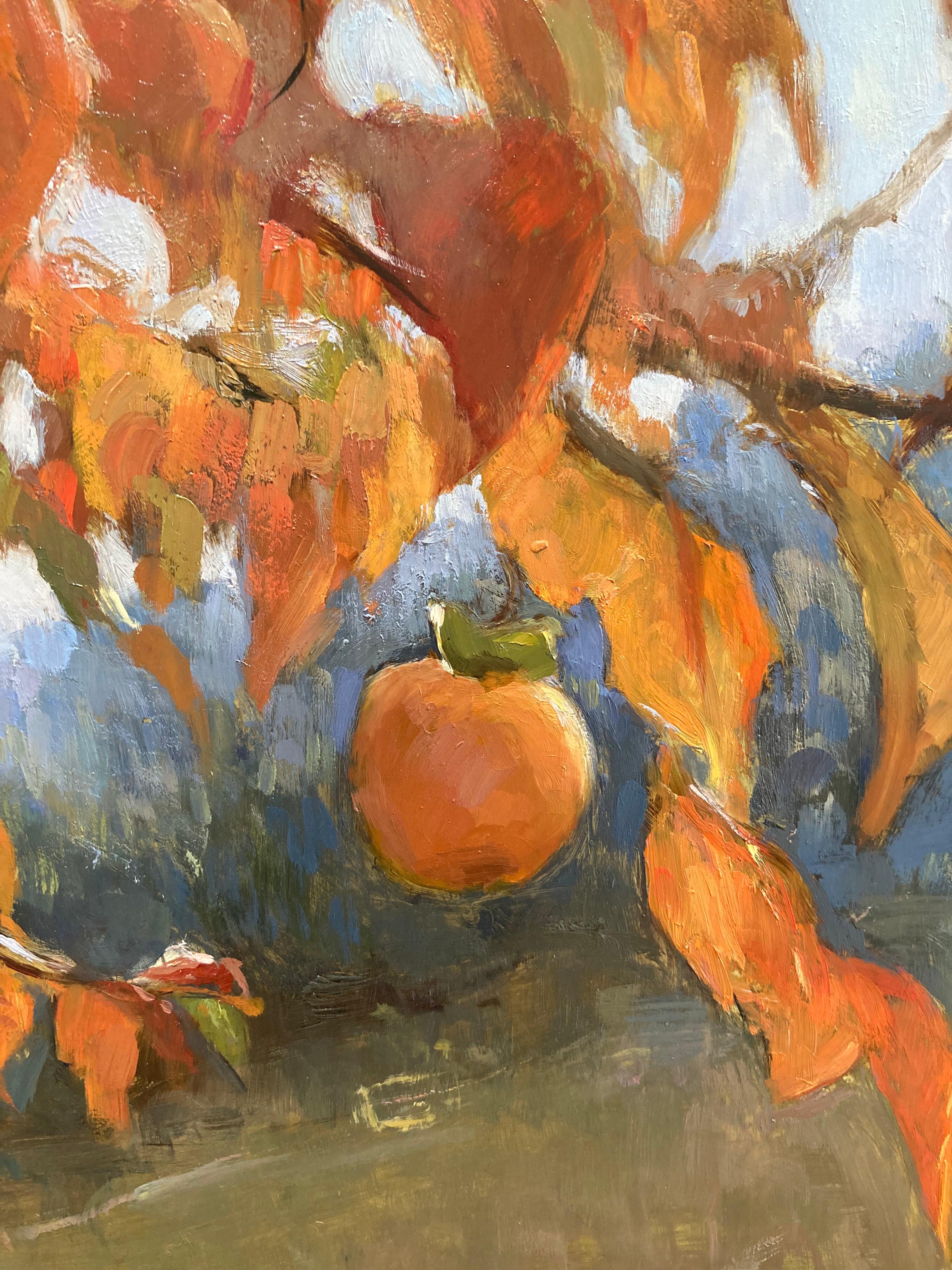An oil painting on brass. Franklin Sanchez often uses her immediate surroundings in her Tuscany home for inspiration. This persimmon tree in her backyard is a subject she often comes back to. Its bright orange leaves and buxom fruits make a lovely