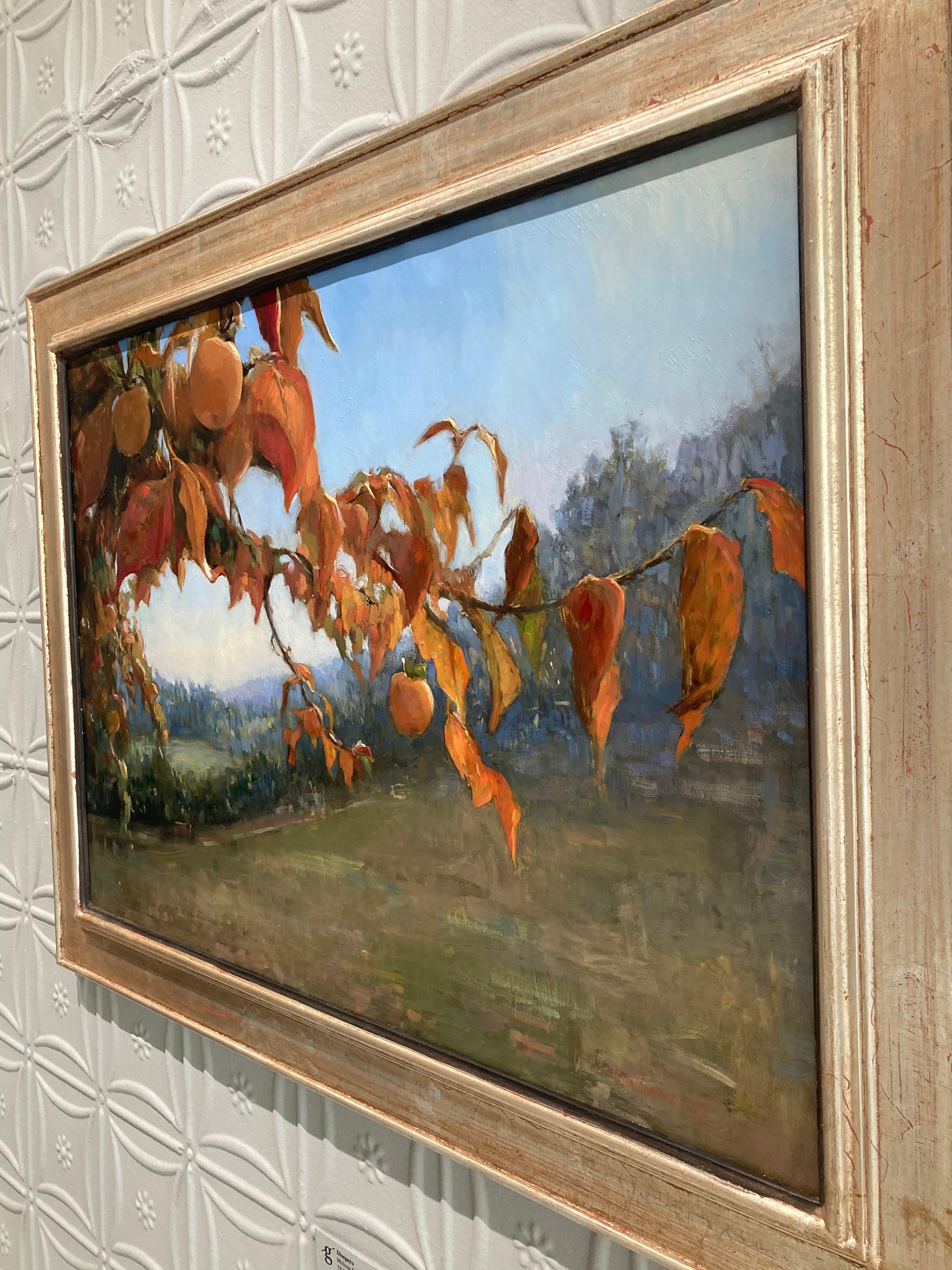 Diospero - peinture à l'huile réaliste d'un arbre de kaki en pleine fleur, Toscane en vente 2