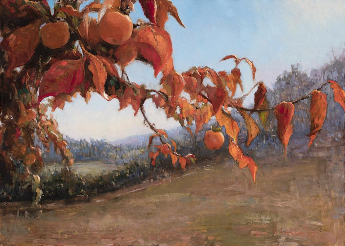 Landscape Painting Melissa Franklin Sanchez - Diospero - peinture à l'huile réaliste d'un arbre de kaki en pleine fleur, Toscane