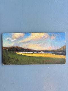 "Sera a Peconic" Pittura a olio realista, terreno erboso e acqua, scala ridotta