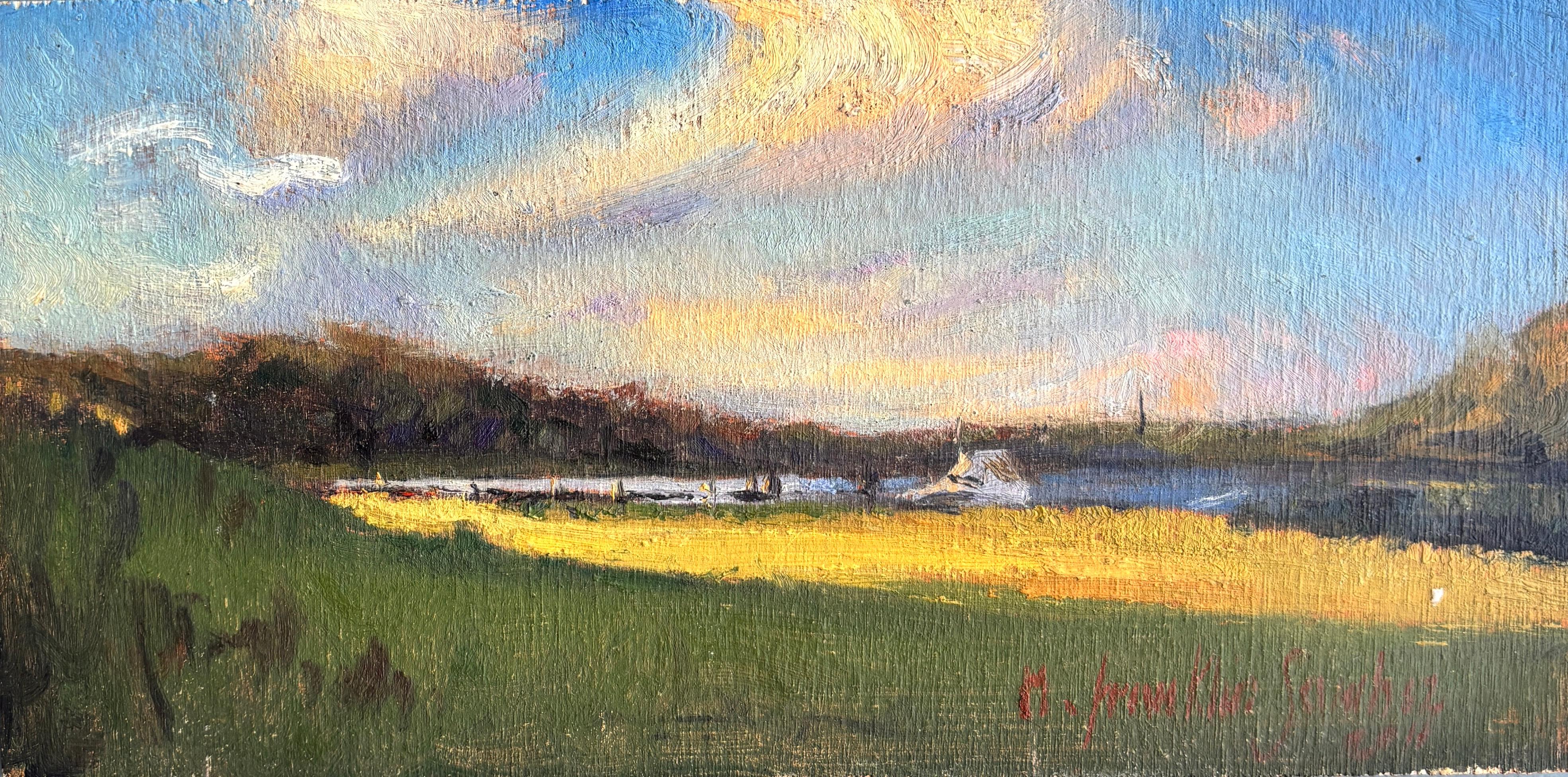 Still-Life Painting de Melissa Franklin Sanchez - "Atardecer en Peconic" Óleo realista, terreno herboso y agua, pequeña escala