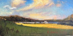 Peinture à l'huile réaliste « Évening at Peconic », terrain herbeux et eau, petite échelle