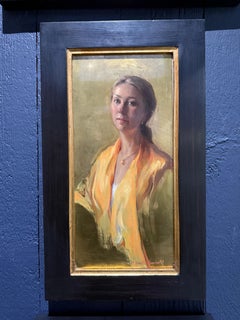 "Golden" oil on brass painting - realist self portrait of the artist, framed