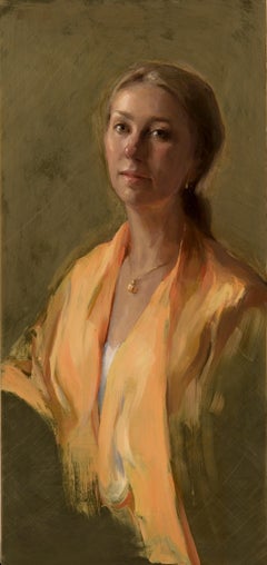 "Golden" oil on brass painting - realist self portrait of the artist, framed