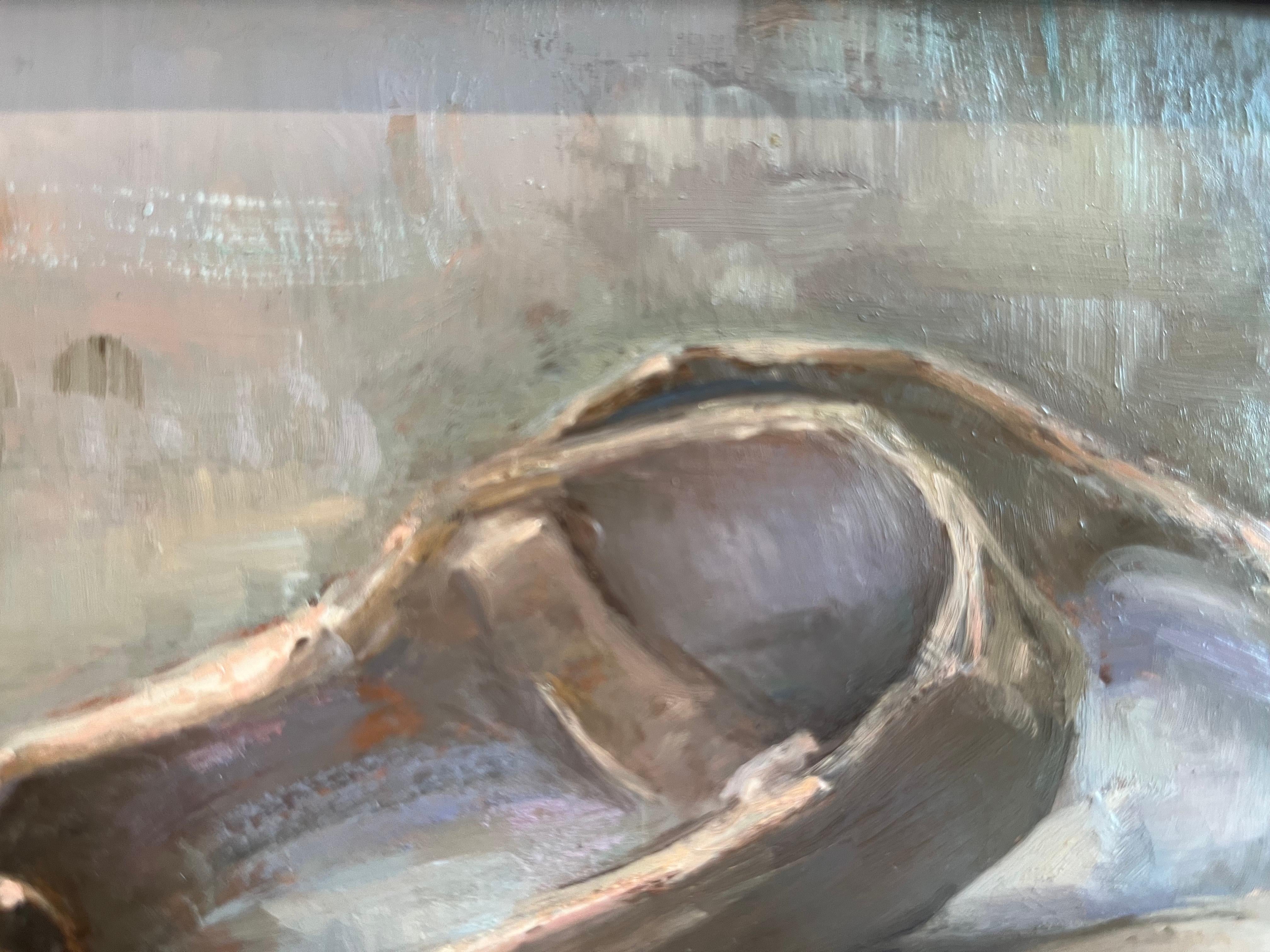 An expertly rendered pair of ballet slippers, from the classically trained painter, Melissa Franklin Sanchez. The dreamy background is created by Franklin Sanchez's unique choice to paint on copper rather than canvas. 