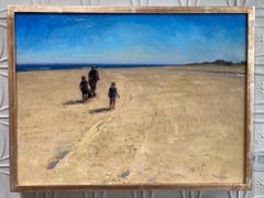 "Último día en la playa" pintura al óleo de figuras caminando hacia el mar sobre la arena