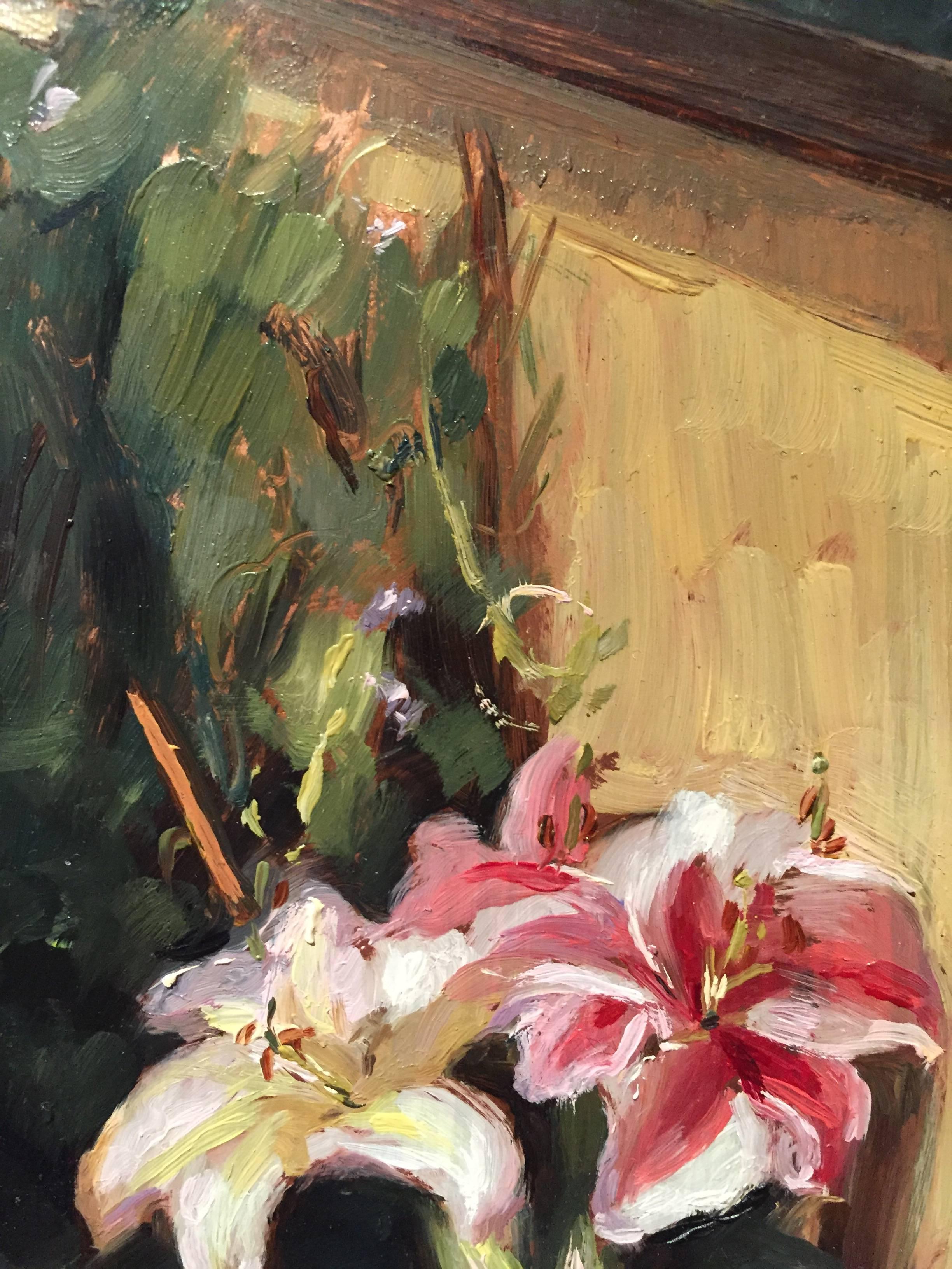 “Lilies” realist oil paint still life with landscape in background en plain air - Realist Painting by Melissa Franklin Sanchez