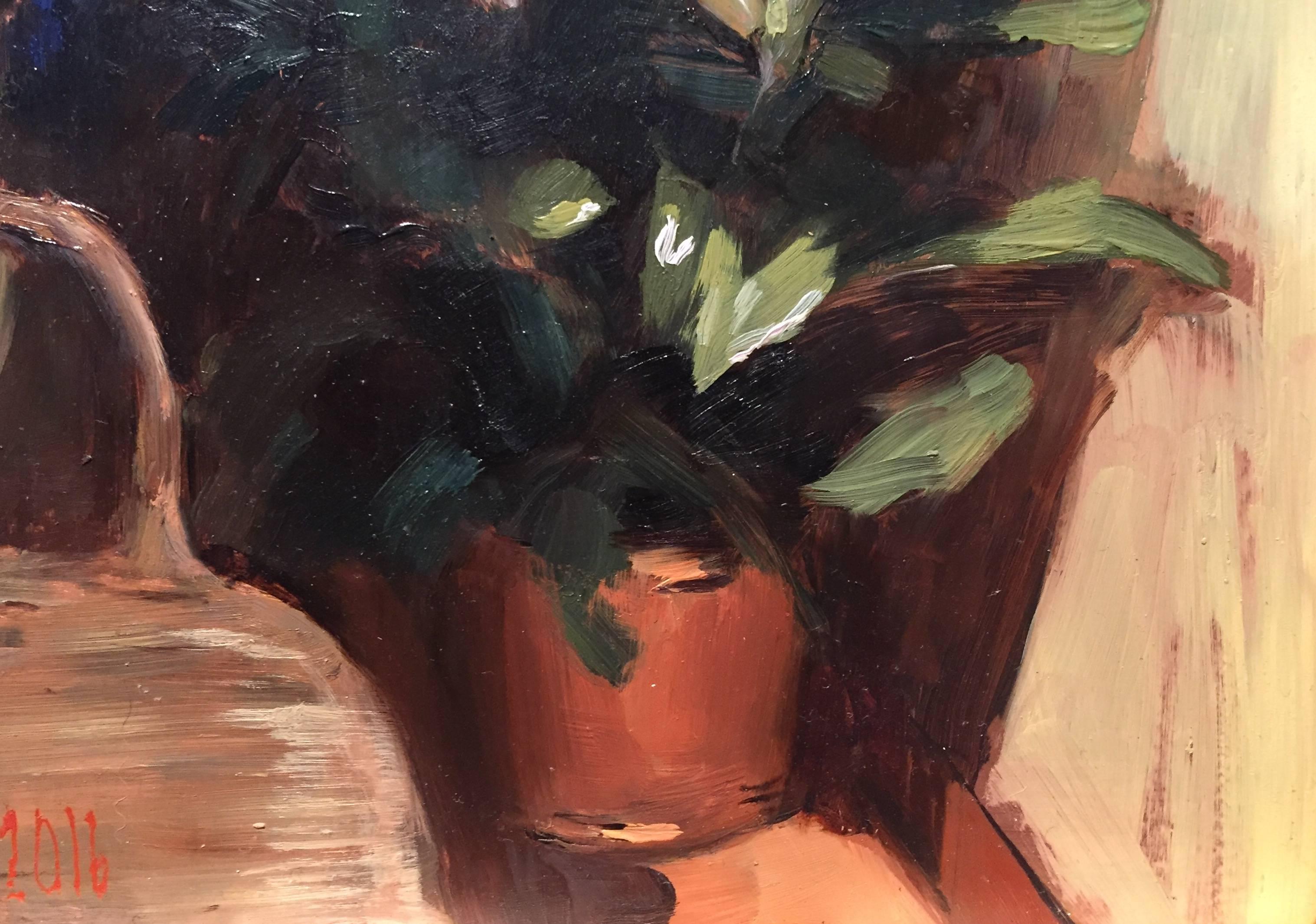 Peinture à l'huile réaliste Lilies avec paysage en arrière-plan en vente 1