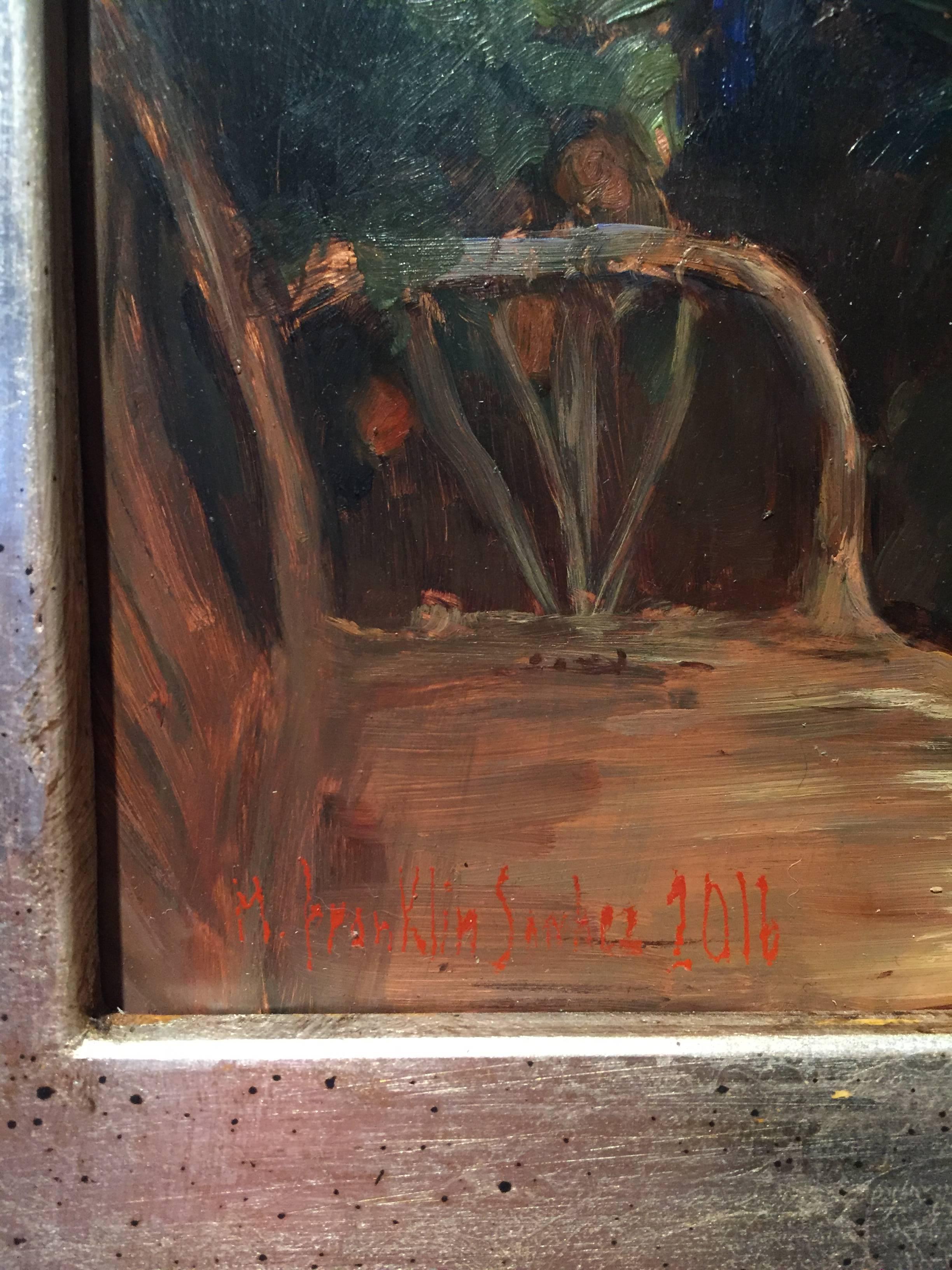 Peinture à l'huile réaliste Lilies avec paysage en arrière-plan en vente 2