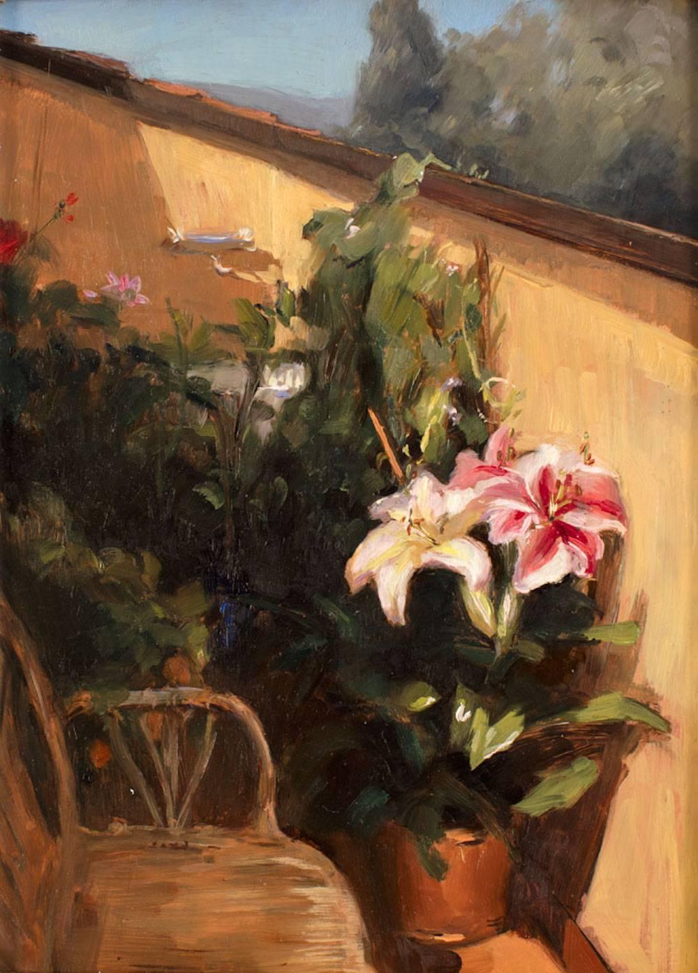 Melissa Franklin Sanchez Landscape Painting - “Lilies” realist oil paint still life with landscape in background en plain air