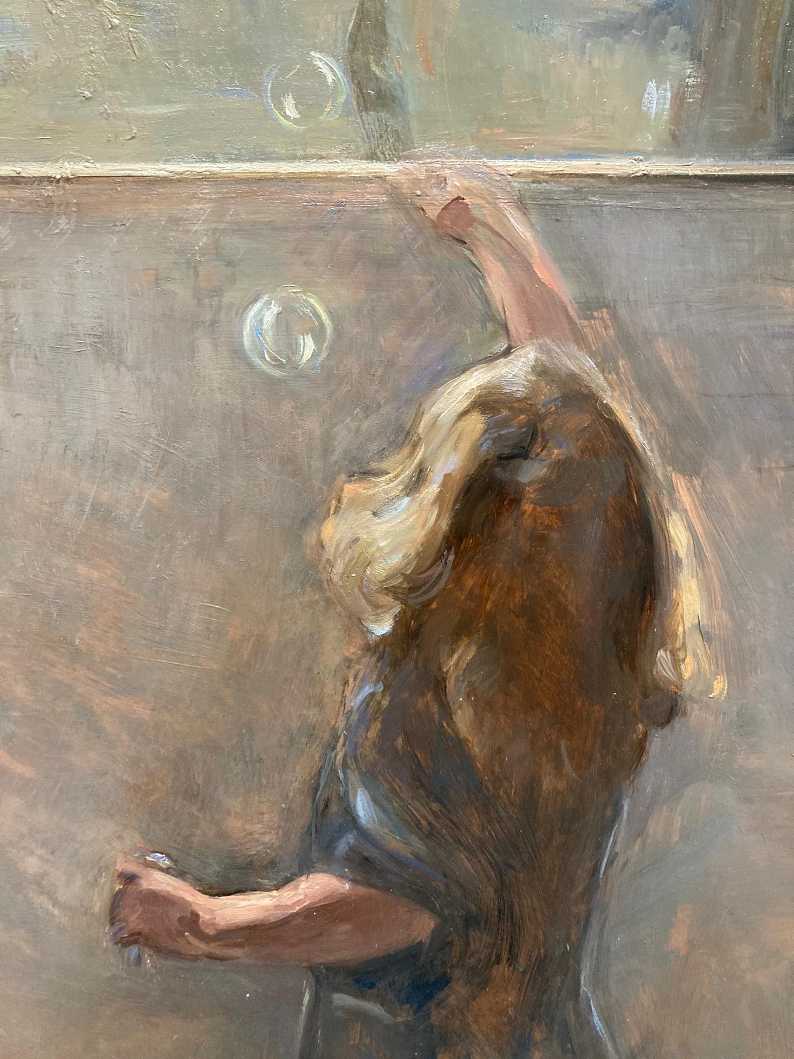 Une peinture fantaisiste d'une petite fille soufflant des bulles par la fenêtre dans un paysage italien idyllique.

Biographie de l'artiste :
Melissa Franklin Sanchez est née en 1984, dans le Warwickshire, en Angleterre. En 2002, elle a obtenu son