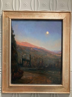 "Madonna del Sasso" oil painting on copper, mountain landscape under a full moon