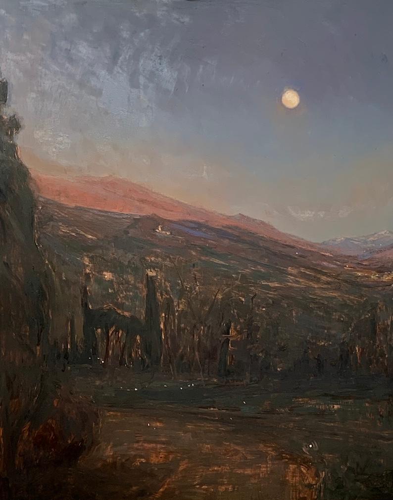 Abstract Painting Melissa Franklin Sanchez - "Madonna del Sasso" peinture à l'huile sur cuivre, paysage de montagne sous pleine lune