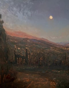 "Madonna del Sasso" oil painting on copper, mountain landscape under a full moon