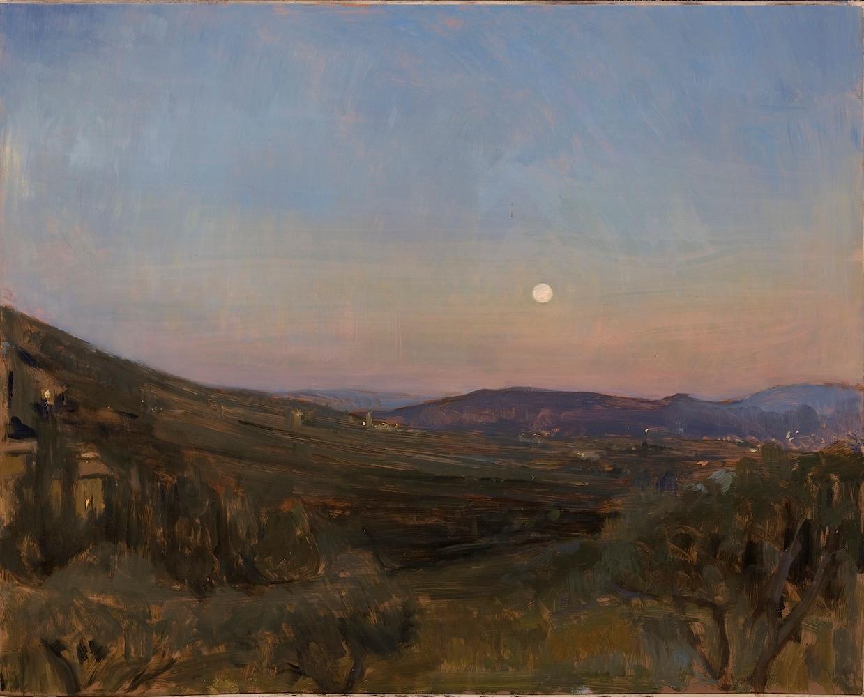 Melissa Franklin Sanchez Landscape Painting - "Moonrise over San Domenico" contemporary realist painting, Italian Hillside