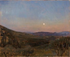 "Lever de lune sur San Domenico" peinture réaliste contemporaine, Hillside italien.
