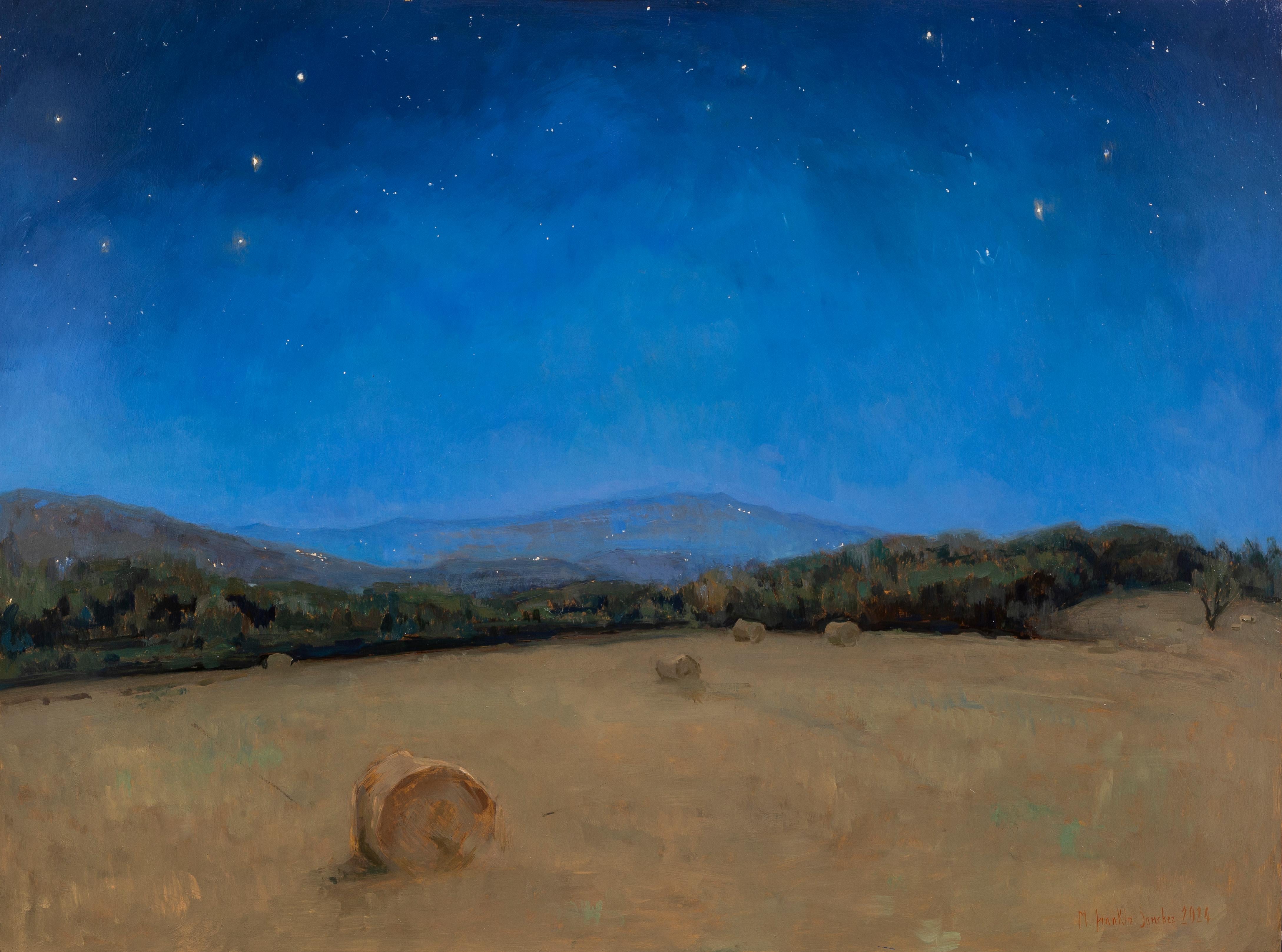 "Nightfall" romantic nocturne painting of Italian Countryside, oil on brass