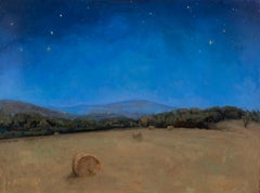 "Nightfall" romantico dipinto notturno di campagna italiana, olio su ottone