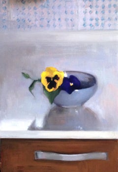 Peinture à l'huile « Pansies » sur cuivre, fleur dans un bol en porcelaine sur plateau