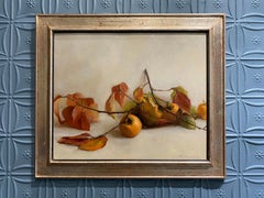 "Cachi" natura morta olio su rame, frutto di diospyros su ramo, arancio e bianco