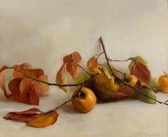 "Caquis" bodegón óleo sobre cobre, fruto de diospyros sobre rama, naranja y blanco